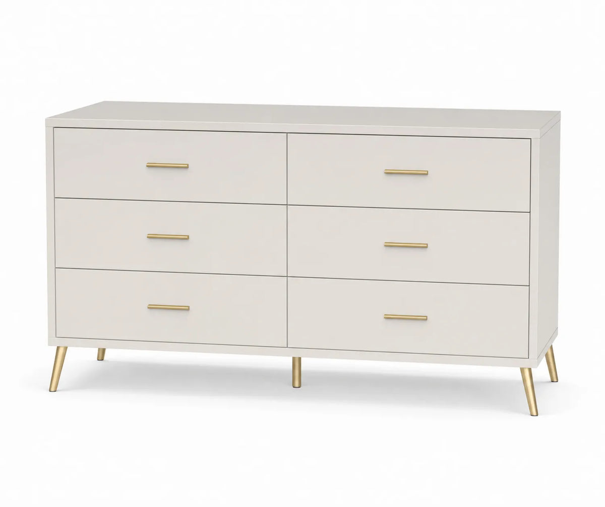Commode en bois MDF avec pieds métalliques dorés 6 tiroirs blanc