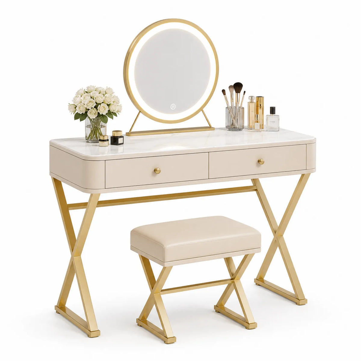Coiffeuse en MDF avec miroir LED et tabouret en métal doré