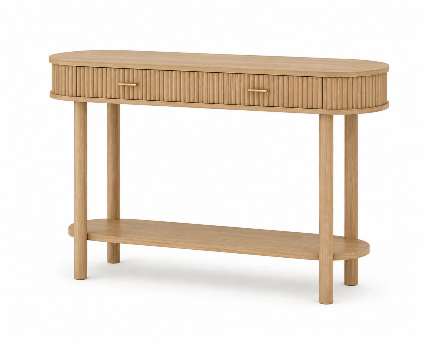 Console ovale en bois avec tiroirs et étagère