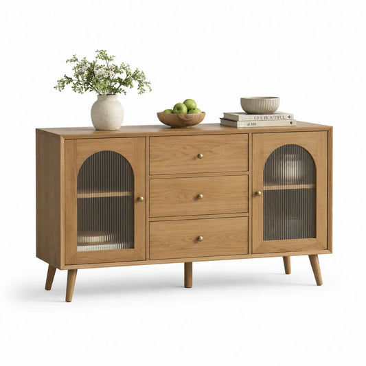 Buffet en bois avec portes en verre cannelé et tiroirs 150x40x80 cm