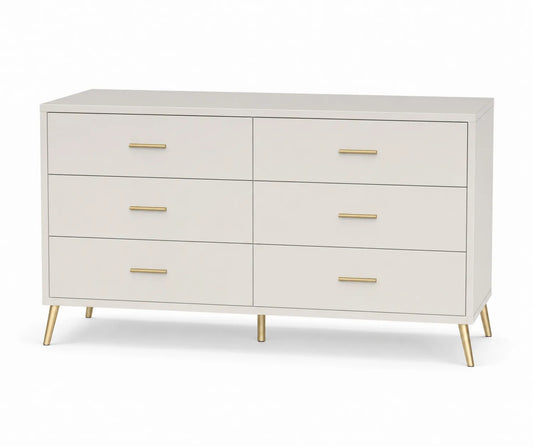 Commode en bois MDF avec pieds métalliques dorés 6 tiroirs blanc