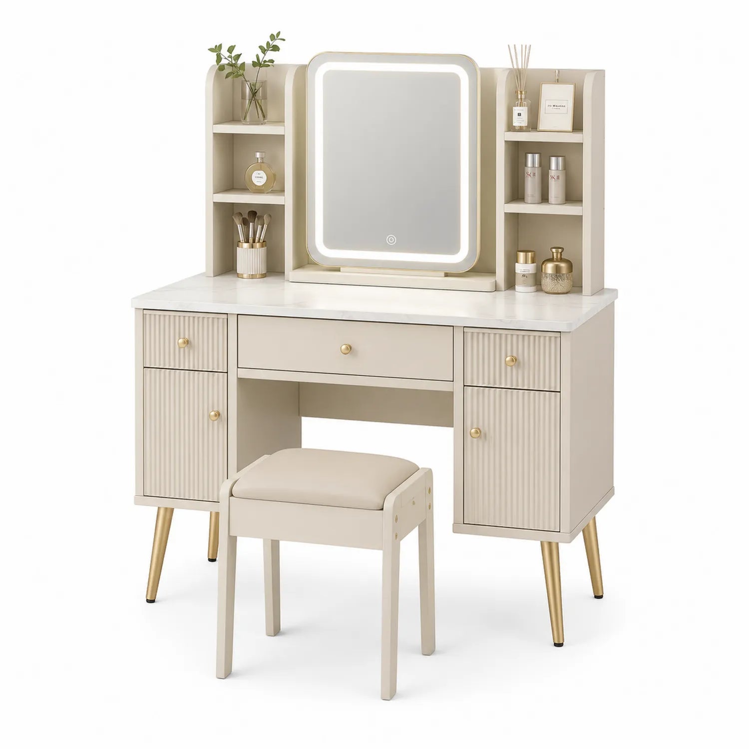 Coiffeuse avec Miroir LED et Tabouret Inclus en MDF