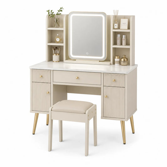Coiffeuse avec Miroir LED et Tabouret Inclus en MDF
