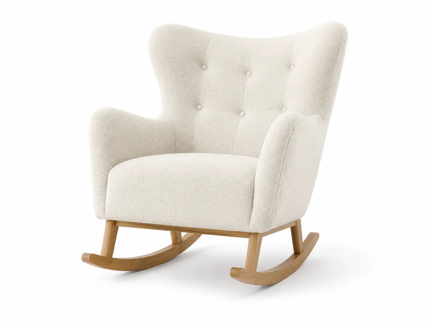 Fauteuil à bascule en tissu bouclé blanc et bois