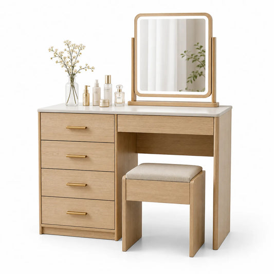 Coiffeuse en bois avec miroir rectangulaire et tabouret en tissu polyester