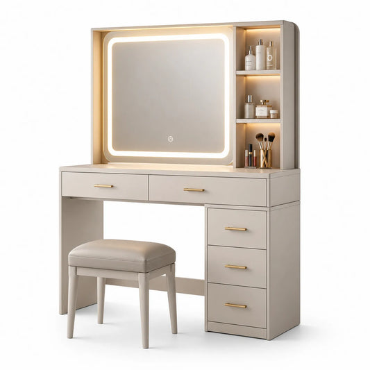 Coiffeuse en bois MDF avec miroir LED et tabouret, Beige