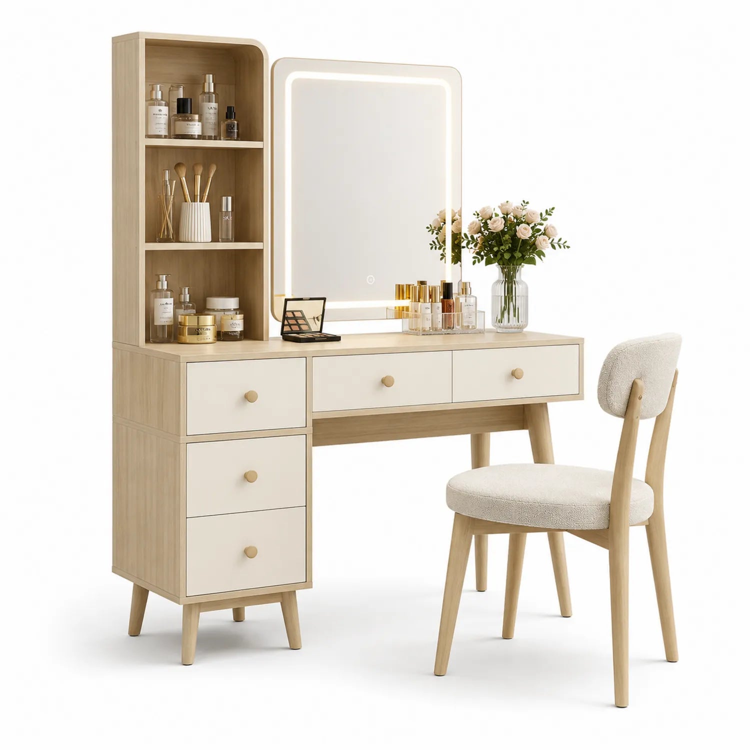Coiffeuse en bois clair avec miroir LED et chaise en tissu