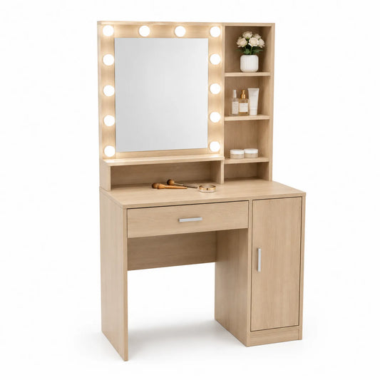 Coiffeuse avec miroir éclairé en bois clair 100x50x140cm