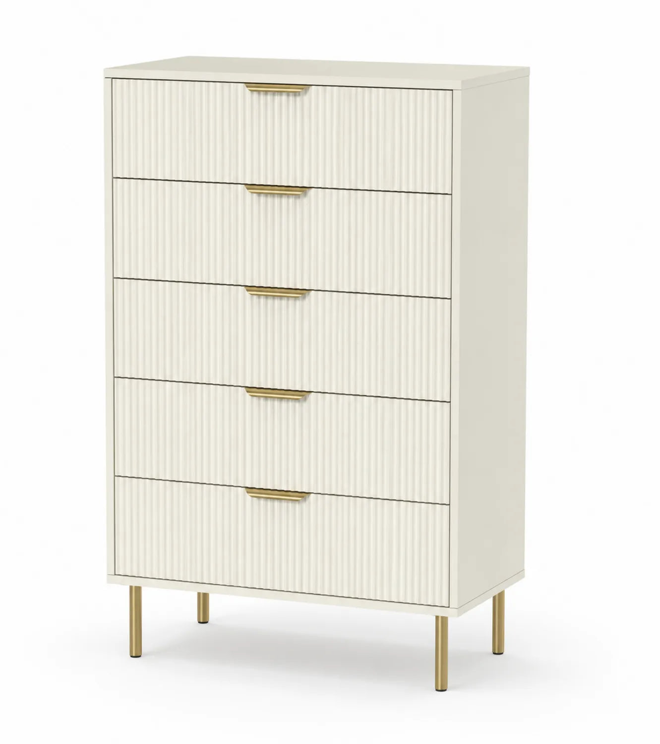 Commode 5 tiroirs en bois composite avec poignées en métal doré