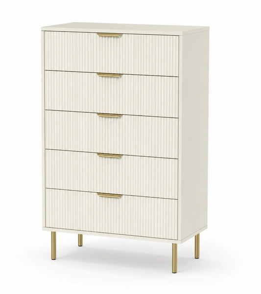 Commode 5 tiroirs en bois composite avec poignées en métal doré
