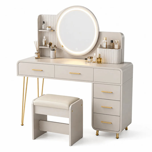Coiffeuse en Bois Composite avec Miroir LED et Tabouret Beige