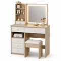 Coiffeuse en MDF Chêne Clair et Blanc avec Miroir LED et Tabouret