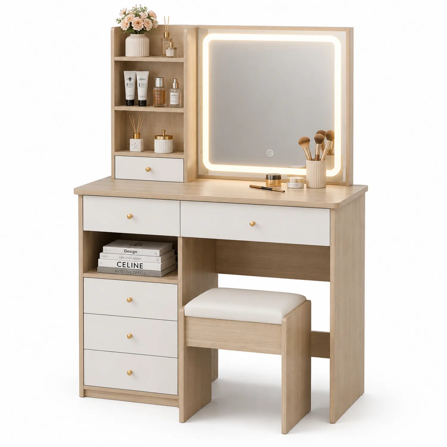 Coiffeuse en MDF Chêne Clair et Blanc avec Miroir LED et Tabouret