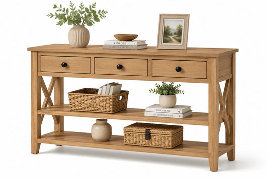 Table console en chêne avec tiroirs et étagères
