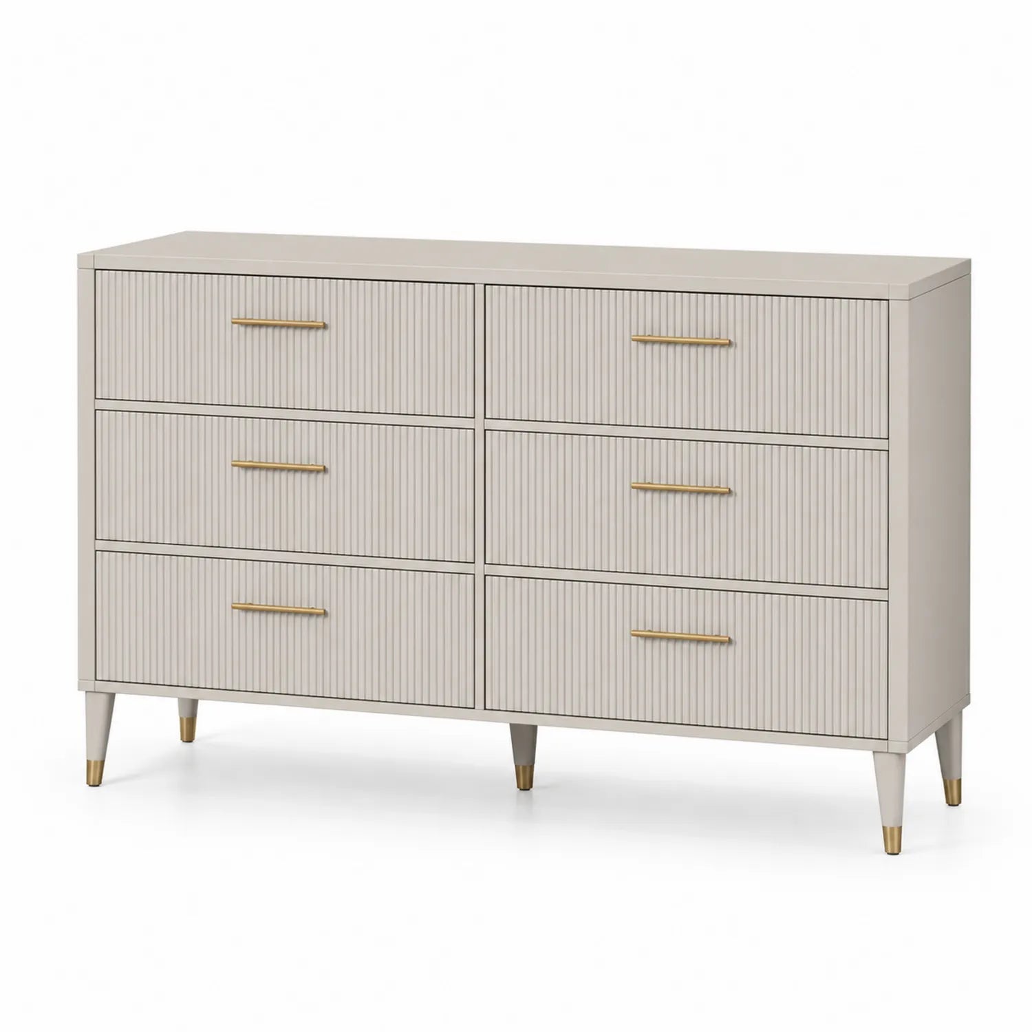 Commode 6 tiroirs en bois beige avec poignées en métal