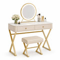 Coiffeuse en MDF avec miroir LED et tabouret en métal doré