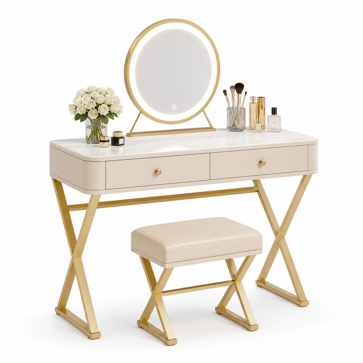 Coiffeuse en MDF avec miroir LED et tabouret en métal doré