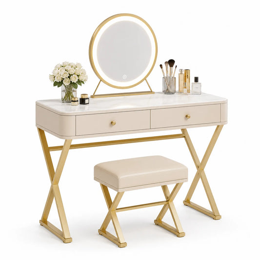 Coiffeuse en MDF avec miroir LED et tabouret en métal doré