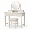 Coiffeuse en bois avec miroir rond et tabouret rembourré blanc