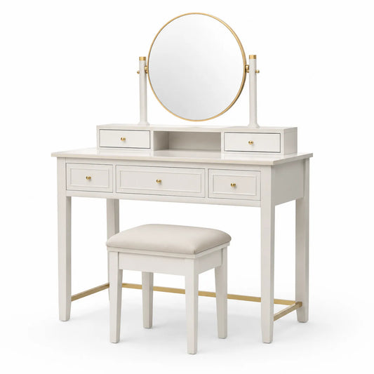 Coiffeuse en bois avec miroir rond et tabouret rembourré blanc